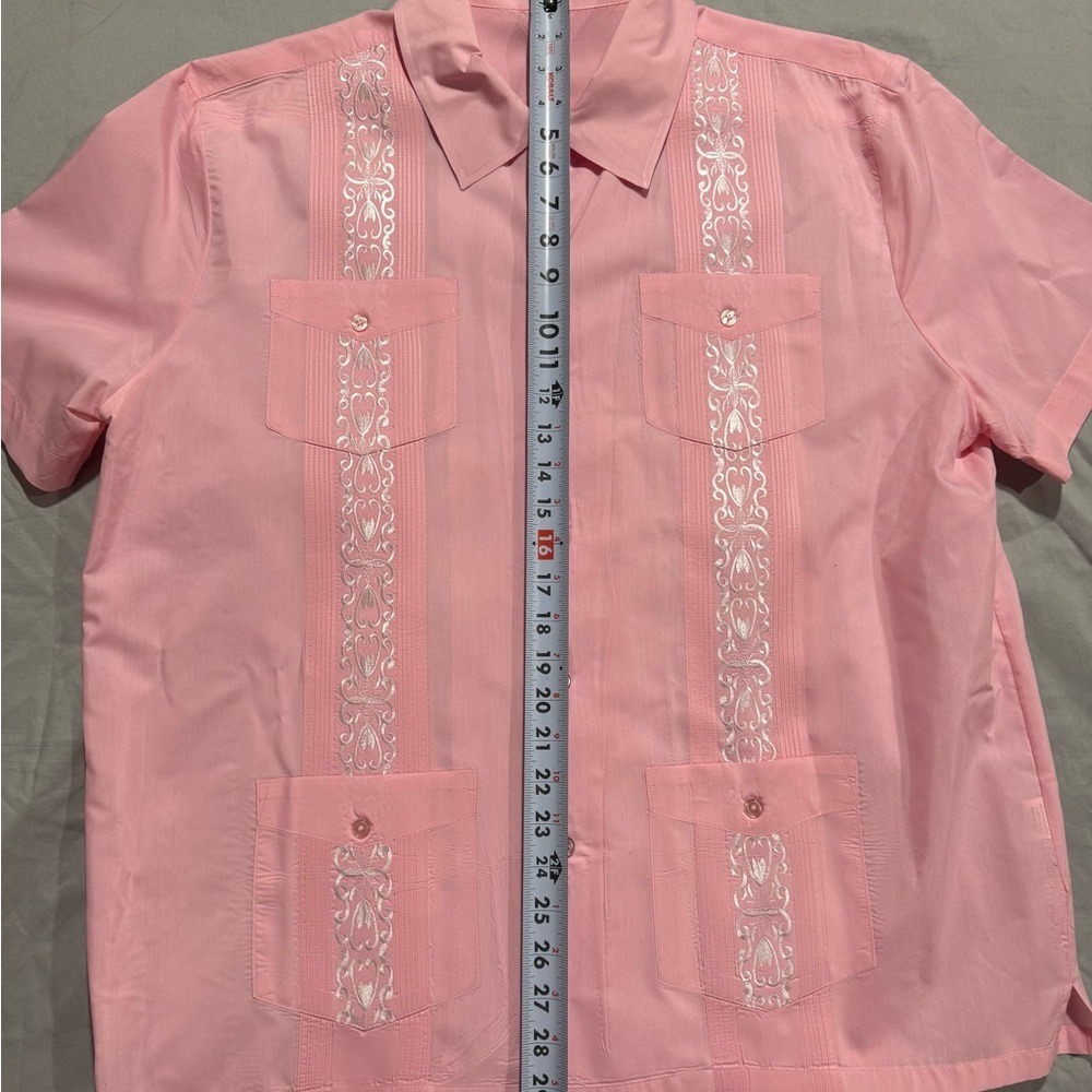 Pink Collared Short Sleeve Shirt.‎ Guayabera with White Embroidery. Snap Buttons - Picture 12 of 15